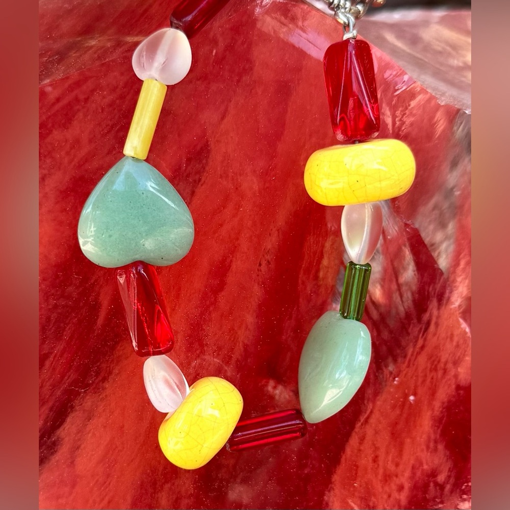 Colorful Artisan Heart & Bead Bracelet – Whimsical w/Toggle Clasp